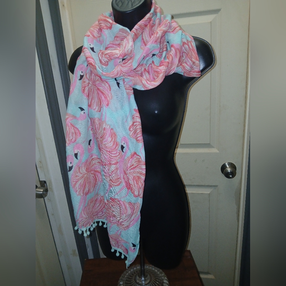 Flamingo Print Lightweight Scarf - Pink & Light Blue